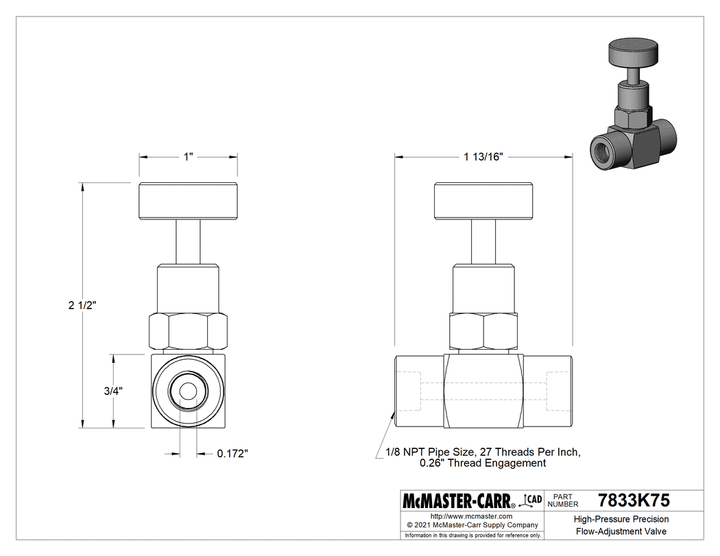 Technical Drawing of High-Pressure Precision Flow-Adjustment Valve, Metal-to-Metal Seat, Brass Body, 1/8 NPT Female x Female.